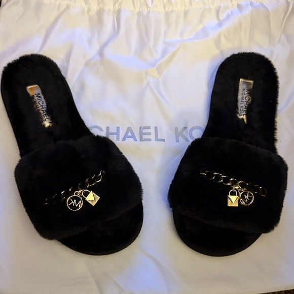 Michael Kors Black Plush Slippers with Gold Accents - Picture 1 of 3